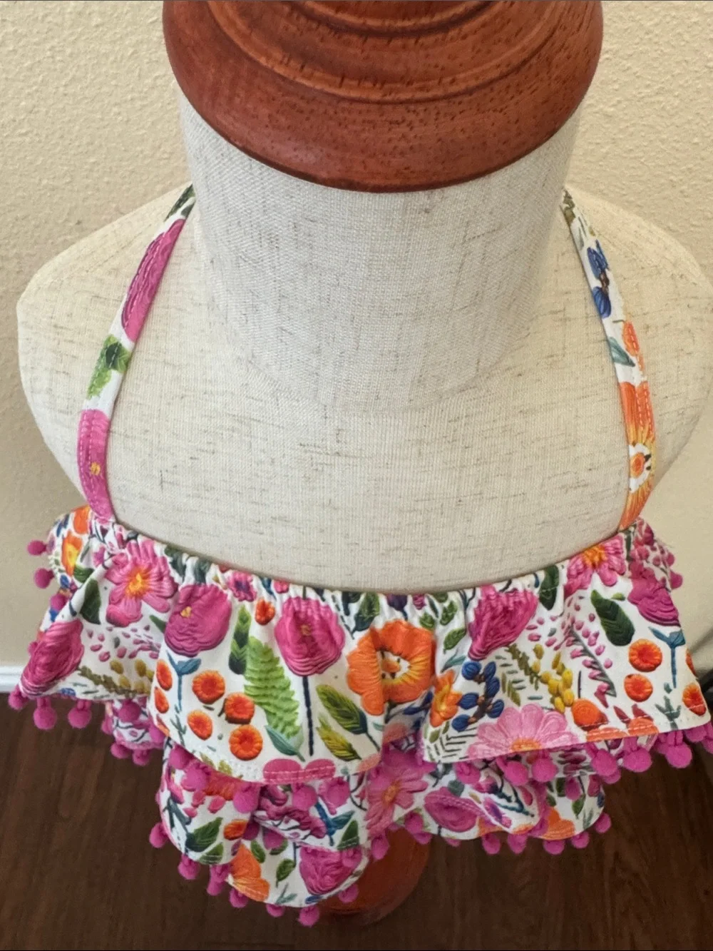 Cheeky Plum Clothing Swim Floral Ruffle Bikini Top with Pink Pom-Pom Trim Size 8